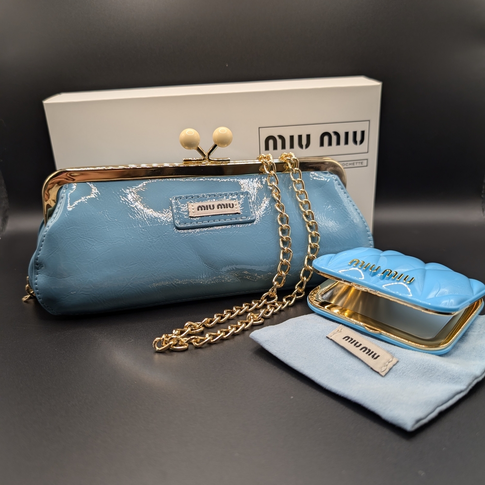 Miu Miu Blue Clutch Bag with Gold Chain And Compact Mirror